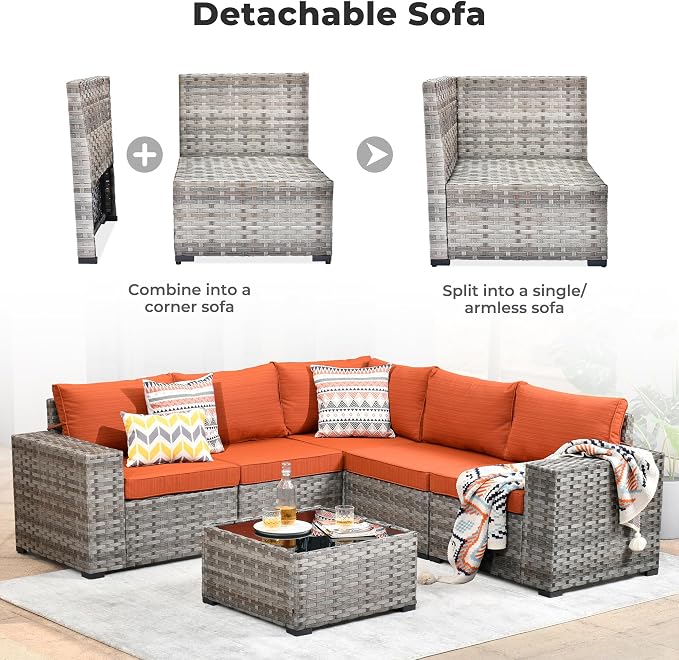 ovios 6 Pieces Patio Furniture Set, Outdoor Wicker Sectional Sofa - Image 9