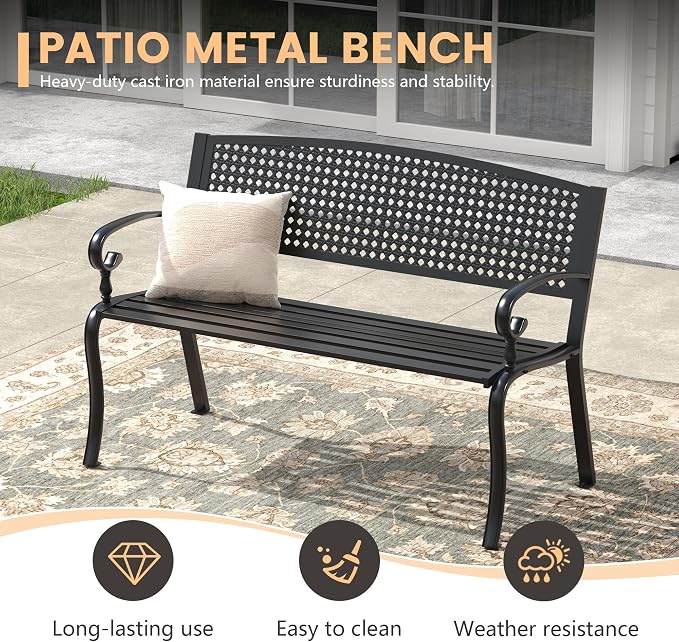 Outdoor Bench, 50.4" Patio Metal Frame Garden Bench - Image 4