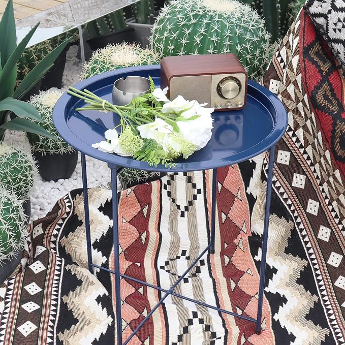 Garden 4 you End Table Metal Side Table Blue Round Folding Tray Cyan Sofa Small - Image 2