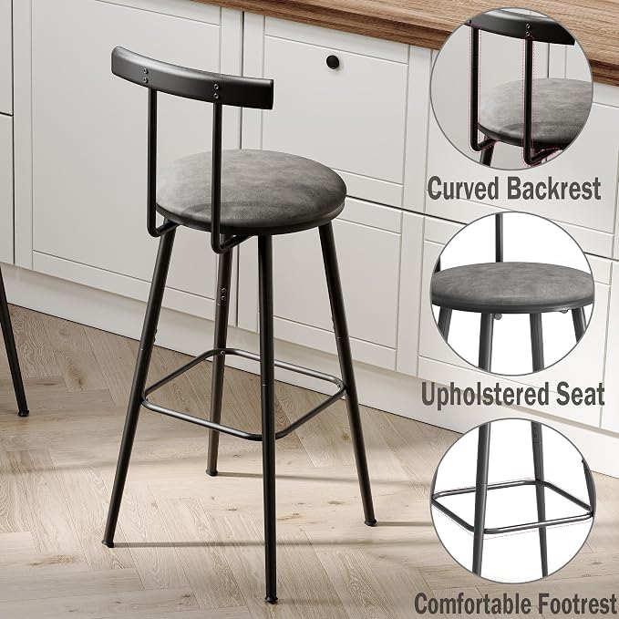 Bar Stools, Bar Chairs with Backrest and Footrest, Industrial Counter Stools - Image 4