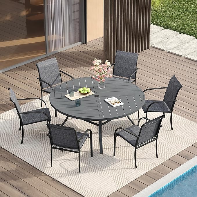 VICLLAX Patio Table and Chair Set of 6, All Weather Metal Round Outdoor Dining by HOME