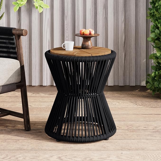 Scott Living Nara 18.9" Acacia Wood Outdoor Side Table, Metal Frame+Woven Rope - Image 3