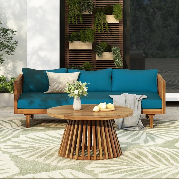 Merax Outdoor Acacia Wood Conversation Set, 3-Seat Loveseat Sofa w/Coushion and by Merax