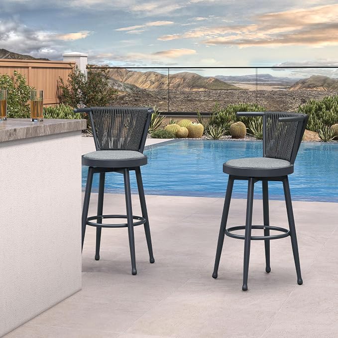 PURPLE LEAF Outdoor Swivel Bar Height Stools Set of 2 Metal Modern Wicker Bar by PURPLELEAF