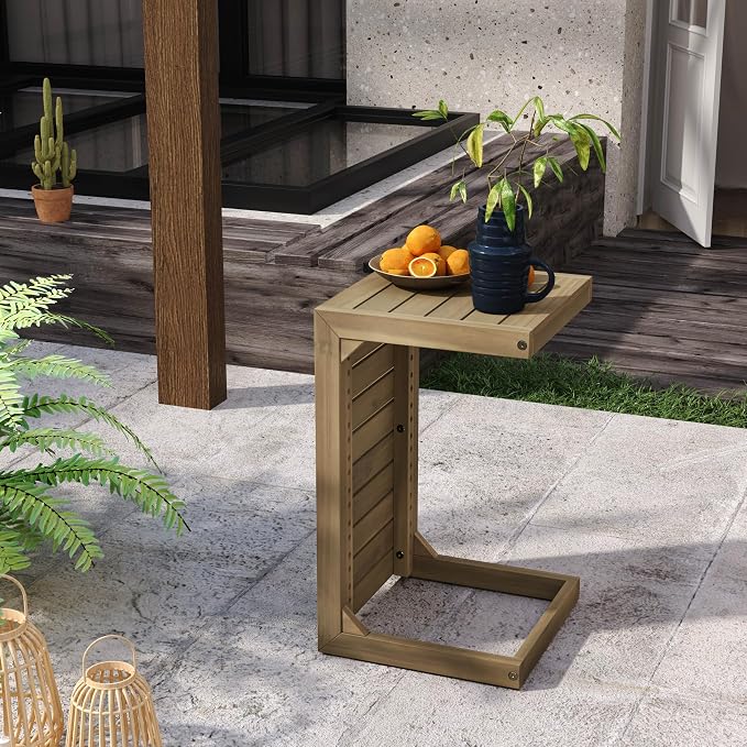 Christopher Knight Home C-Shaped End Table, Acacia Wood Patio Side Table - Image 4