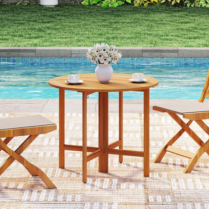 Tangkula 36 Inches Outdoor Folding Round Dining Table, No Assembly Patio Acacia - Image 9