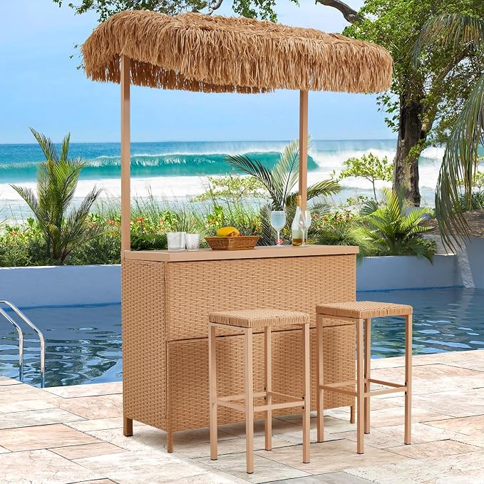 HOMREST Outdoor Tiki Bar Set, 3 Pieces Wicker Patio Bar Set w/2 Height Stools - Image 7