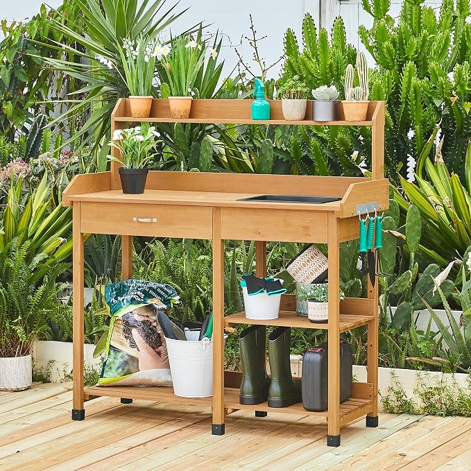 Yaheetech Potting Bench Outdoor Garden Work Bench Station Planting Solid Wood - Image 2