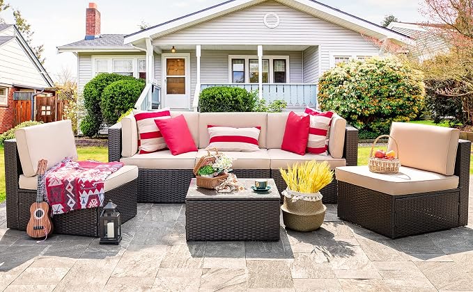 Vongrasig 6 Pieces Outdoor Patio Furniture Set, PE Wicker Rattan Sectional Sofa - Image 2