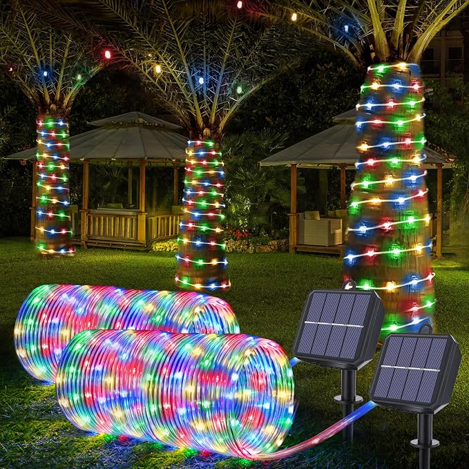 Solar Rope Lights, 2 Packs Total 66ft 200LED Solar String Lights, 8 Modes by Jnaurb