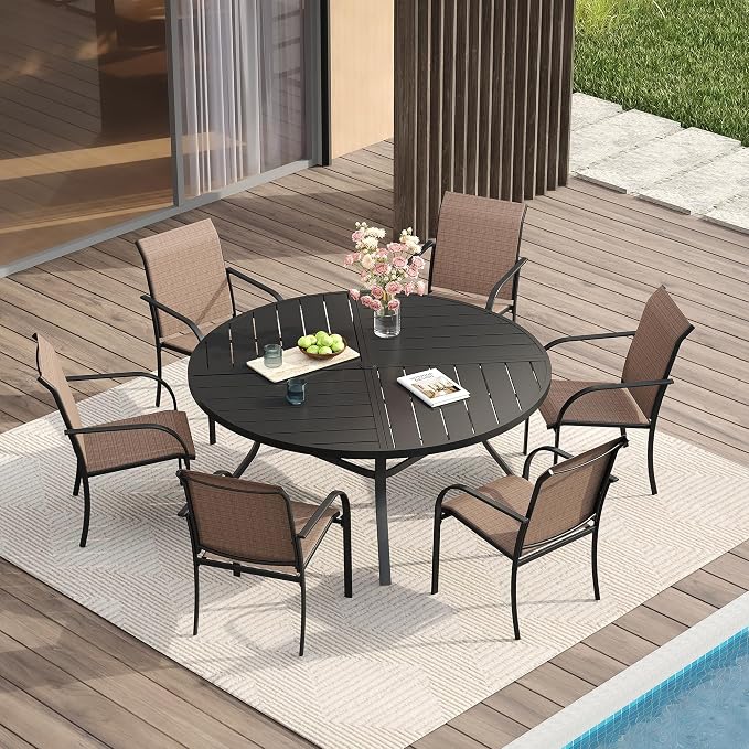 VICLLAX Patio Table and Chair Set of 6, All Weather Metal Round Outdoor Dining by HOME