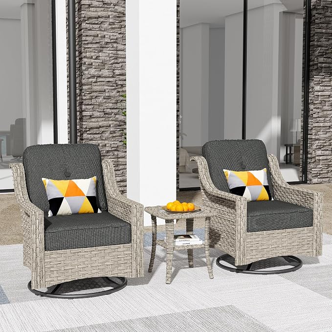 HOOOWOOO 3 Piece Patio Furniture Bistro Sets, Outdoor Wicker Swivel Rocking by DesignforBetterLife