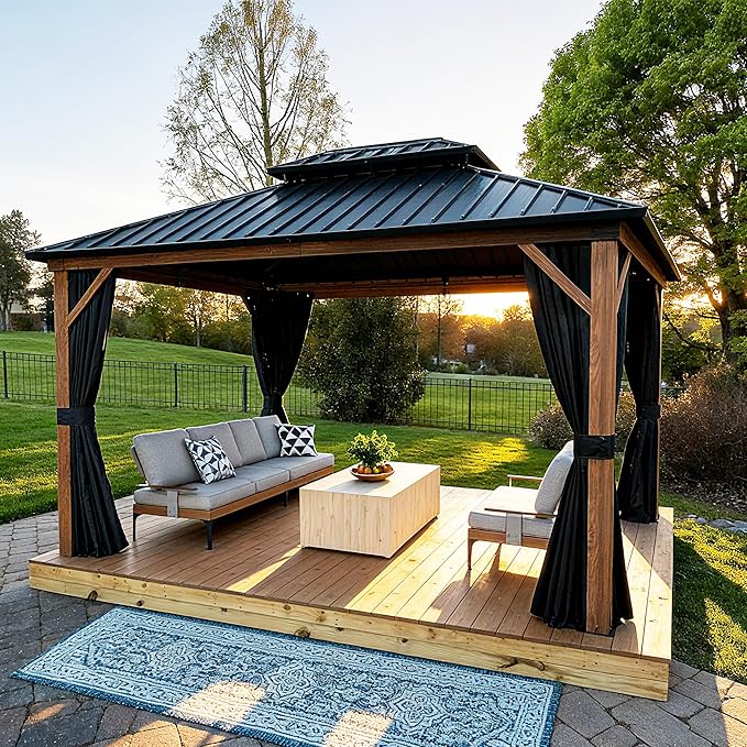 PURPLE LEAF 10' X 12' Hardtop Gazebo Outdoor Wood Grain Aluminum Frame by PURPLELEAF