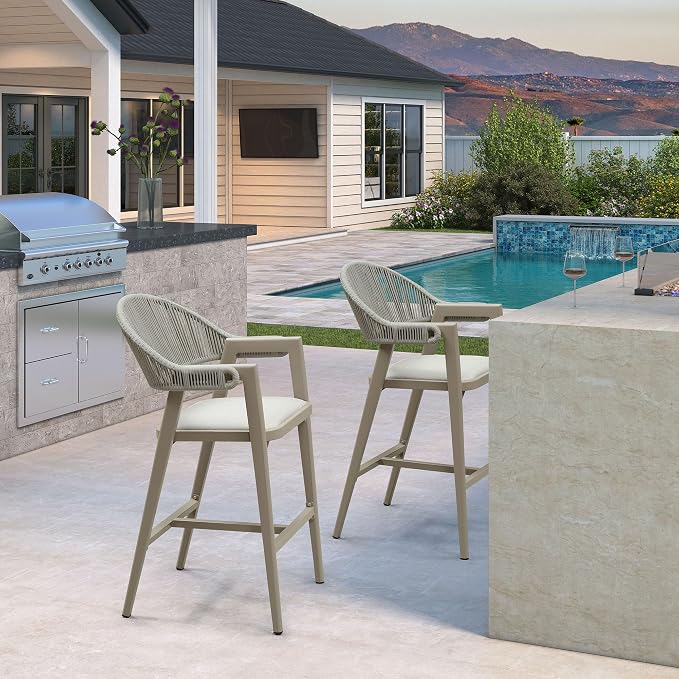 PURPLE LEAF Outdoor Bar Height Bar Stool Set of 2 Rattan Bar Chair - Image 3