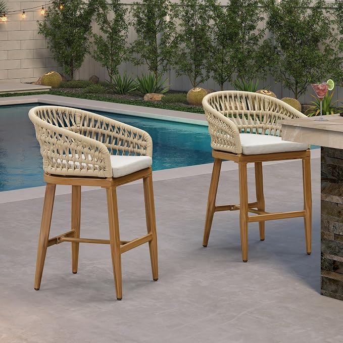 PURPLE LEAF Outdoor Rattan 24" Counter Height Bar Stools Chair Set of 2 - Image 7