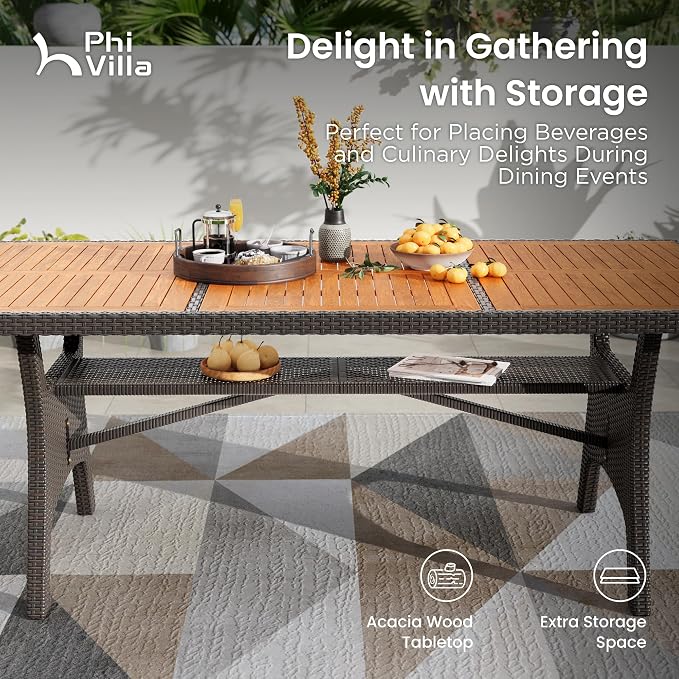 PHI VILLA Outdoor Dining Set for 6, Rectangular Wicker Table - Image 3