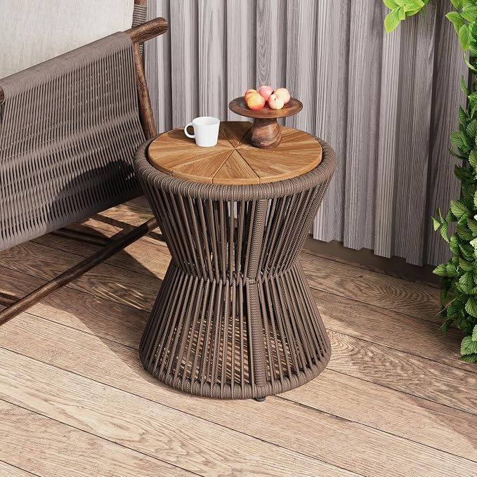 Scott Living Nara 18.9" Acacia Wood Outdoor Side Table, Metal Frame+Woven Rope by ScottLivingbyDrewJonathan