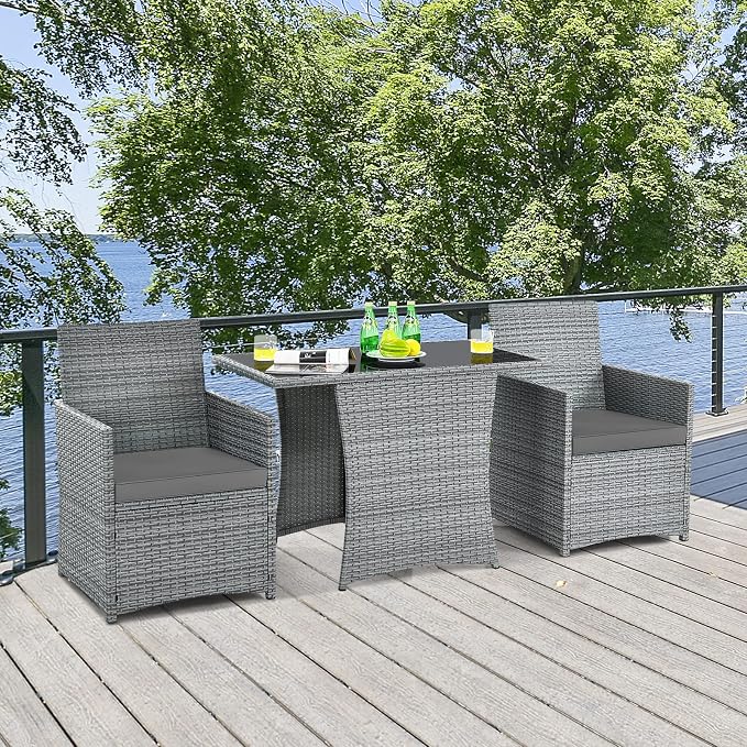 Tangkula 3 Pieces Patio Dining Set, Patiojoy Space-saving PE Rattan Bistro Set - Image 3