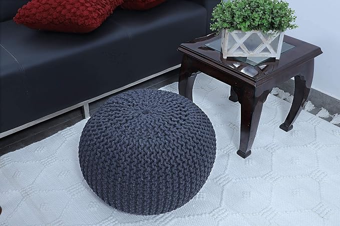 FRELISH DECOR Round Pouf Ottoman Hand Knitted 100% Cotton Pouf Foot Stool - Image 2