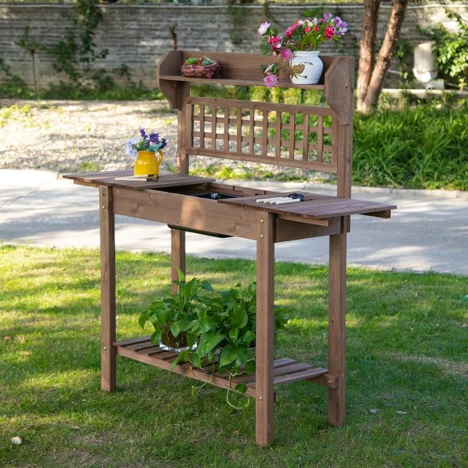 Outsunny Outdoor Potting Bench Table, Wooden Workstation - Image 2
