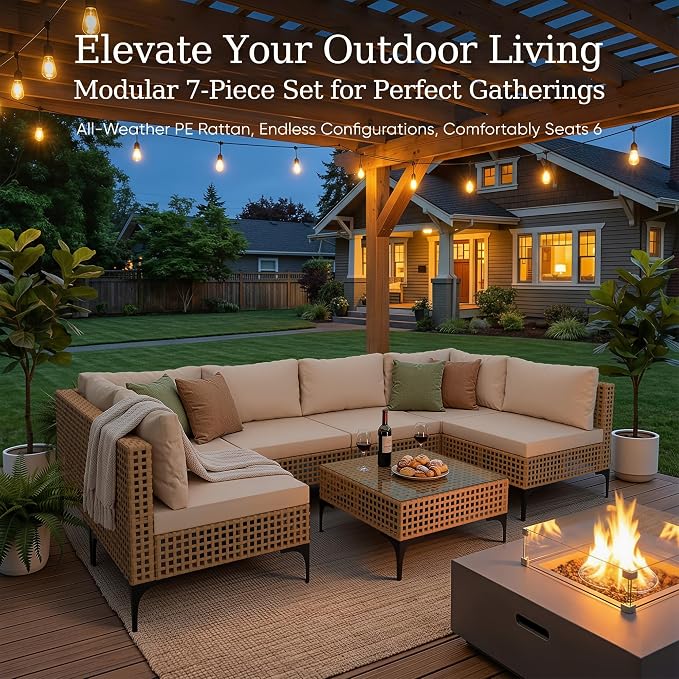 Devoko Patio Furniture Set 7 Piece Outdoor Sectional Sofa Hollow Rattan Patio - Image 6