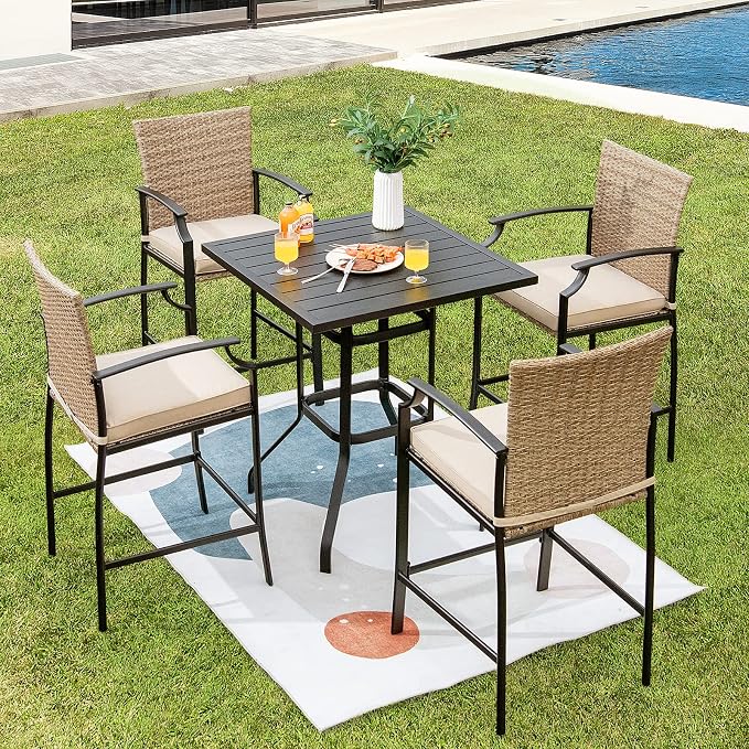 Tangkula Patio Rattan Bar Stools Set of 4, Outdoor Wicker Bar Height Chairs - Image 2