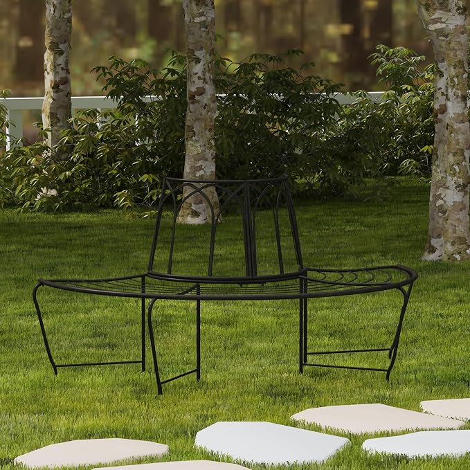 SAFAVIEH Outdoor Collection Abia Victorian Antique Black Semicircle Tree Bench - Image 10