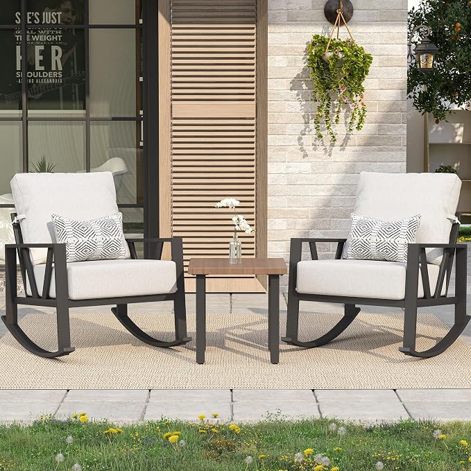 Outdoor Patio Rocking Chairs Set of 2, 3 Pieces Patio Porch Furniture Set by COMLAXFIELD