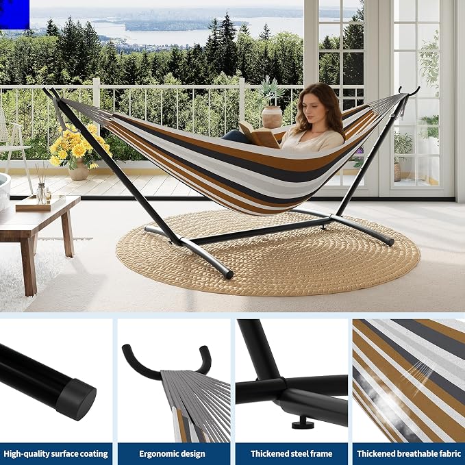 Double Hammocks with Stand for Outside, Portable Space Saving Heavy-Duty Steel - Image 3