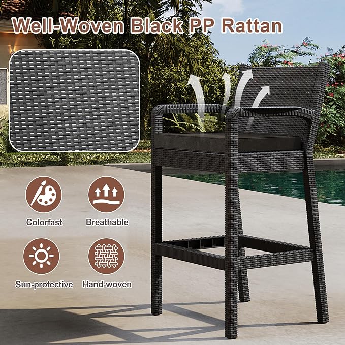Outdoor Bar Stools Set of 2, Wicker Bar Chair - Image 4