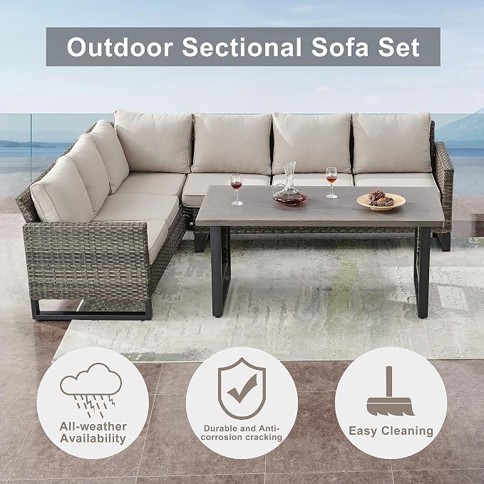 Belord Outdoor Sectional Sofa 6 Seater L Shaped Couch Wicker Patio Conversation - Image 3