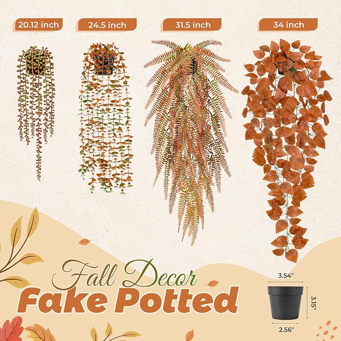 Der Rose 4Pcs Fake Fall Plants Hanging Orange Artificial Eucalyptus Plants - Image 3