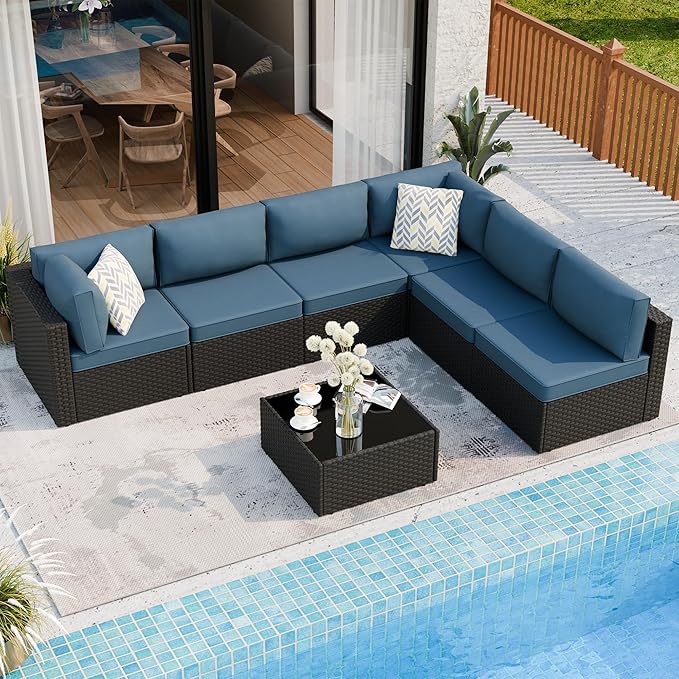 7 Pieces Outdoor Patio Sectional Sofa Couch, Wicker Furniture Patio - Image 2