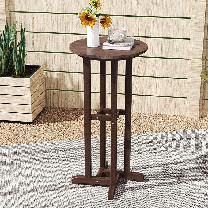 Tangkula 21.5" Round Bar Table, Patio HDPE Bar Height Dining Table w/Slatted - Image 2