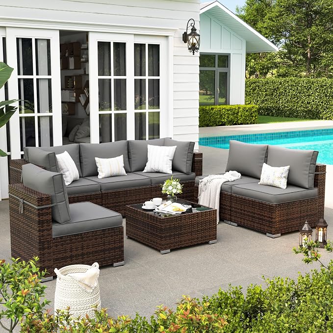Patio Furniture Set, 7 Pieces Outdoor Sectional Sofa, PE Wicker Backyard - Image 8
