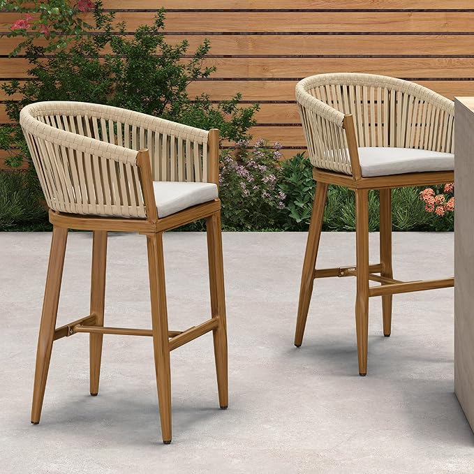 PURPLE LEAF Outdoor Bar Height Stools Set of 2 Patio Metal Modern Wicker Bar by PURPLELEAF