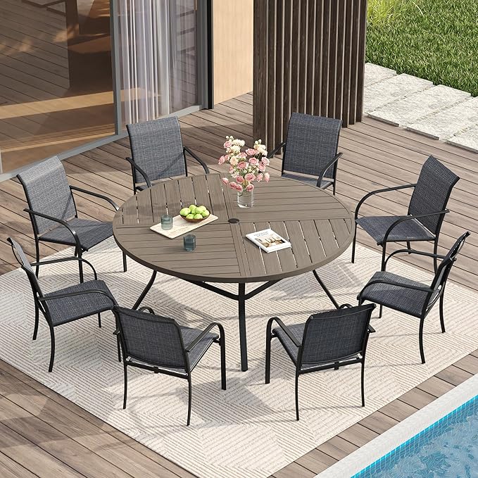 VICLLAX Patio Table and Chair Set of 8, All Weather Metal Round Outdoor Dining by HOME