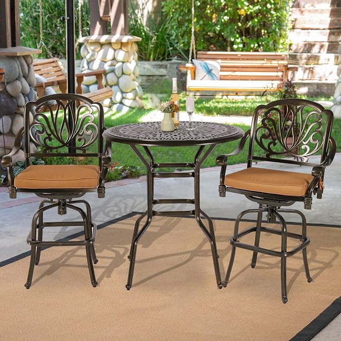 VIVIJASON 3-Piece Patio Swivel Bar Stools Set, All Weather Cast Aluminum - Image 8