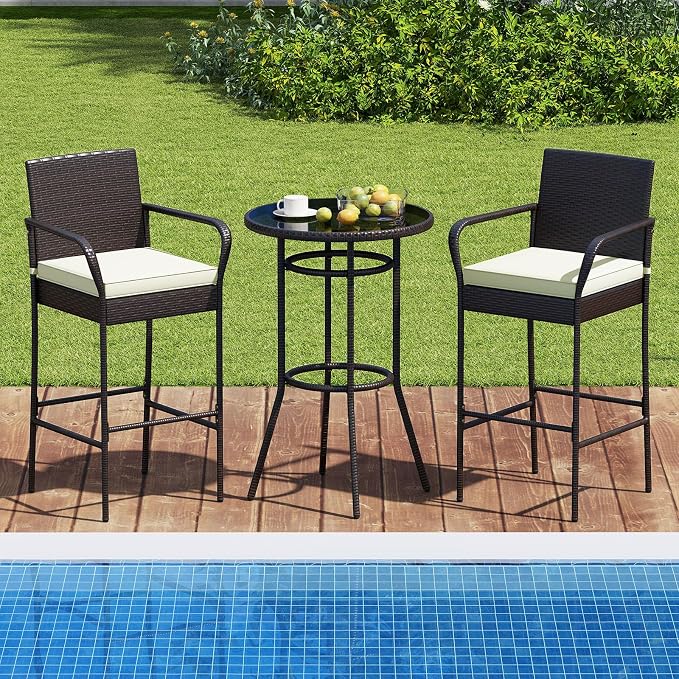 Tangkula 3 Piece Outdoor Bar Set, Patio Rattan Heavy Duty Bar Height Glass Top - Image 4