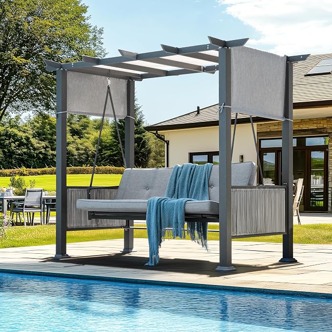 Pamapic 2-in-1 Convertible Porch Swing Bed, 3-Seat Elegant Patio Swing - Image 9