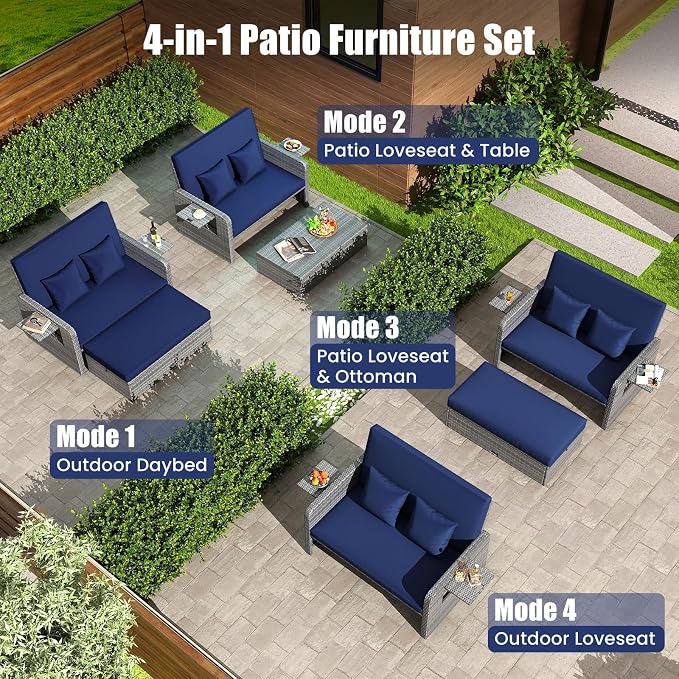 LDAILY Moccha Outdoor Daybed, Wicker Loveseat Sofa Set - Image 5