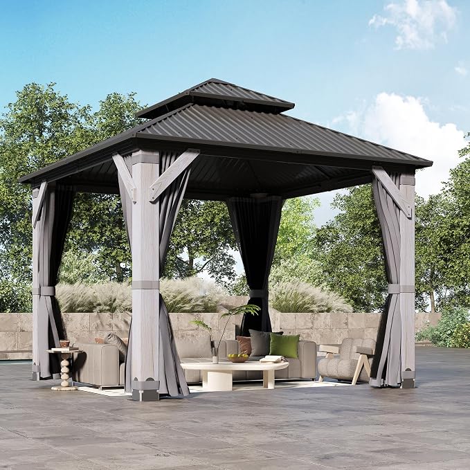 8.5'x8.5' Hardtop Wood Gazebo, Outdoor Double Roof Galvanized Steel Top Gazebo by 10x10FTHardtopWoodGazebo