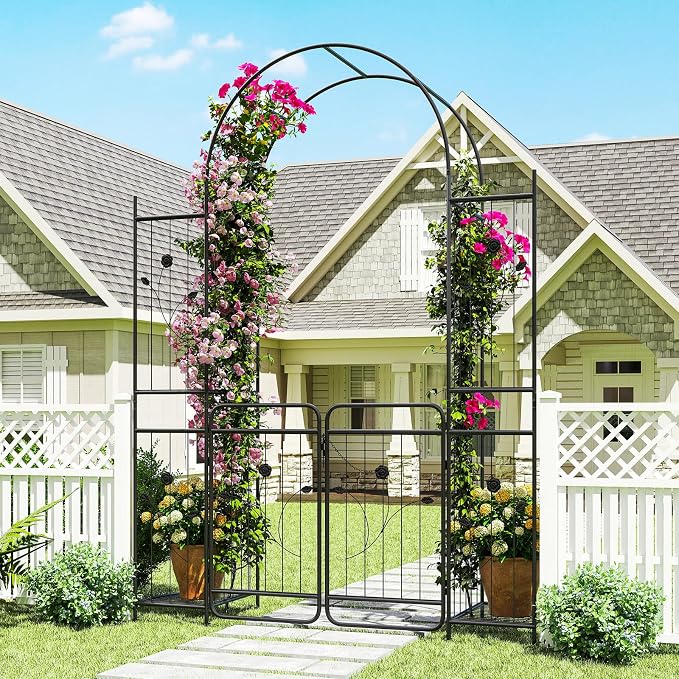 IRONMAX 87" Garden Arch with Gate & Planter Shelves, Heavy Duty Metal Arbor - Image 8