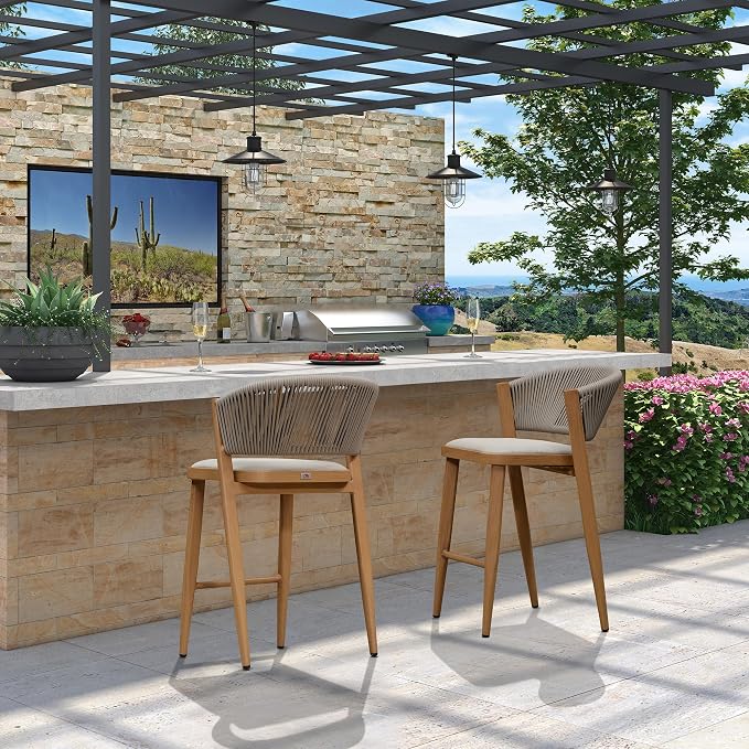 PURPLE LEAF Bar Stool Set of 2 Outdoor Bar Chairs Rattan Bar Height Stools Hold - Image 2