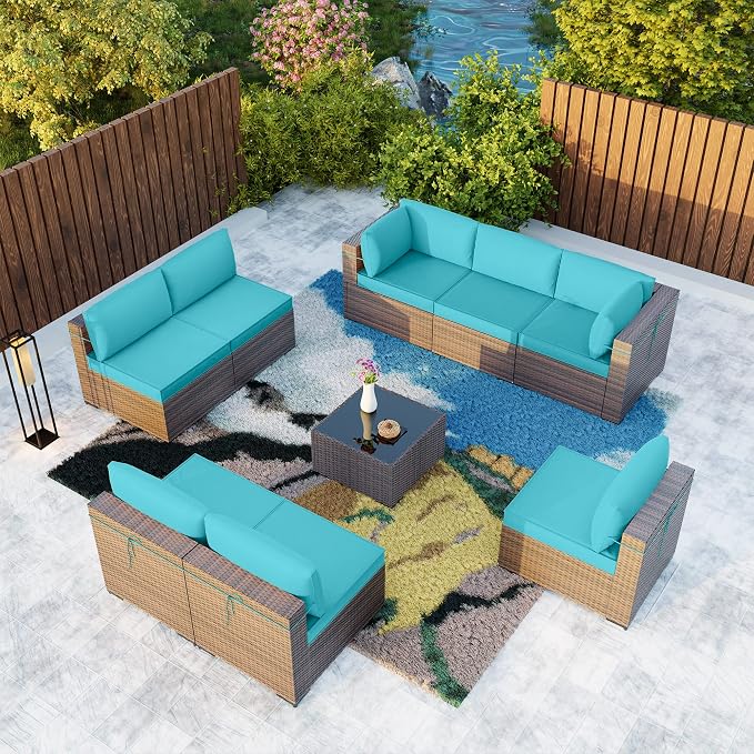 Kullavik 9 Pieces Outdoor Patio Furniture Set, Sectional Rattan Sofa Set Brown by KULLAVIK