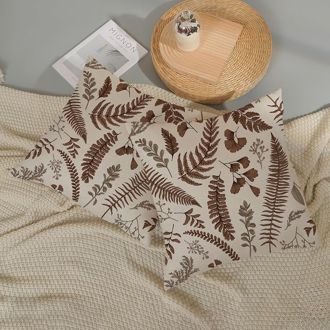 Brown Spring Pillow Covers 18x18 Inch 2 Pcs Vintage Leaf Plant Decor Throw - Image 5