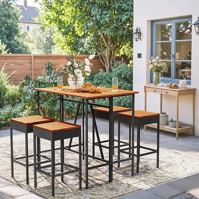 Devoko Patio Bar Set 5 Pieces Acacia Wood Patio High Top Bar Table and Stools - Image 5