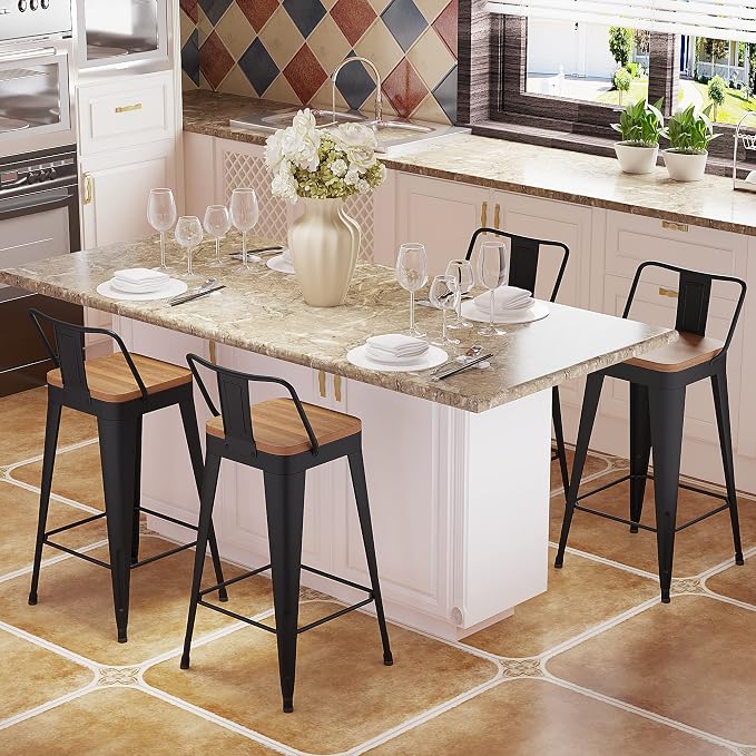 Bar Stools Set of 4 Metal Bar Stool Counter Height Bar Stools Black, Modern 24" - Image 6