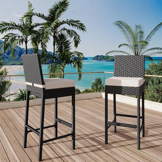 GarveeLife Wicker Woven Outdoor Bar Stools Set of 2, Rattan Patio Stools & - Image 2