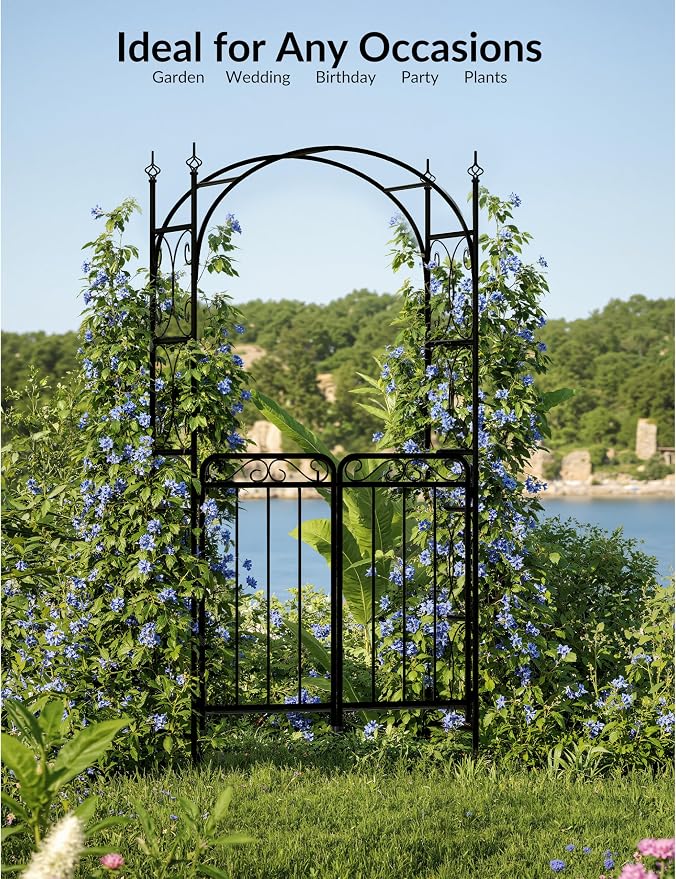 8 ft Metal Garden Arch with Gate, Elegant Wedding Archway - Image 6